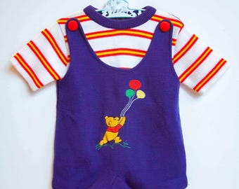 Vintage Baby Winnie the Pooh Collection Royal Blue and Striped Embroidered Shorts Bodysuit Knit Romper