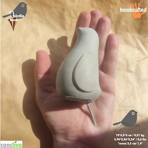 Puede incluir: Un gancho gris con forma de pájaro de hormigón, sostenido en una mano. El gancho tiene un tornillo para el montaje. La imagen incluye el texto "birdie hook" y "handcrafted". Dimensiones: aproximadamente 10 x 6,5 x 6 cm.