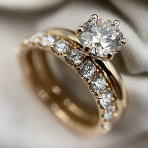 Engagement Ring Set Gold, Round Moissanite Ring Set, Bridal Diamond Ring, Colorless Moissanite Ring, Wedding Ring, Vintage Inspired Ring