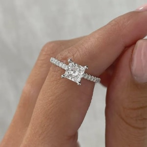 1.50 CT Princess Cut Lab Grown Diamond Engagement Ring | Pave Diamond Band Ring | 14K Gold Princess Solitaire Ring | Classic Bridal Ring