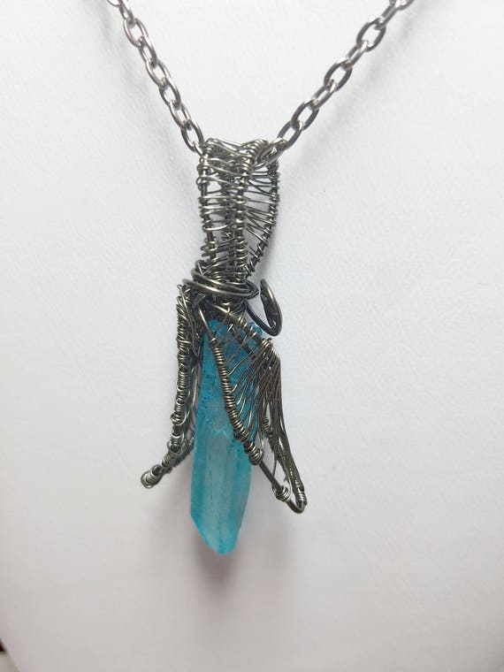 Wire Wrapped And Woven Deep Aqua Aura Crystal Pendant Necklace Image 0