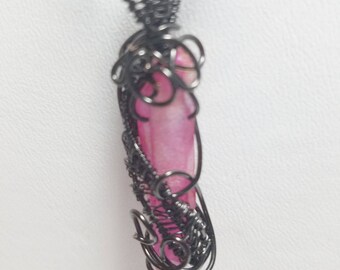 Crystal Necklace Wire Wrapped Crystal Quartz Necklace pink  Aura Crystal Pendant gunmetal wire / Wire Wrapped Free US Shipping