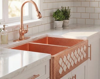 Handmade Copper Farmhouse Kitchen Sink: Customizable Double Bowl With Cutout Apron