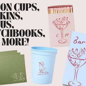May include: An assortment of items with a cat theme, including green napkins, a light blue cup, a matchbox, and a bar menu. The items feature red line drawings of cats and martini glasses. The text "USE ON CUPS, NAPKINS, MENUS, MATCHBOOKS, AND MORE!" is at the top.