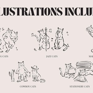May include: A beige illustration featuring five cat-themed drawings. The text "5 ILLUSTRATIONS INCLUDED" is at the top. The drawings include dancing cats, jazz cats, martini cats, cowboy cats, and stationery cats. All drawings are in black line art.
