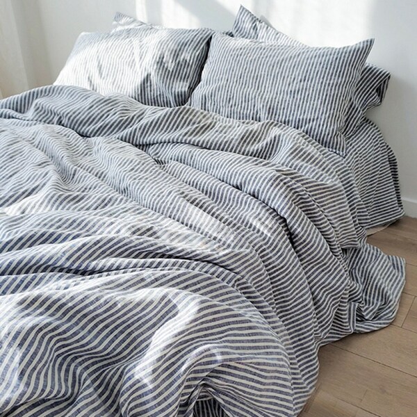 Set aus 3 steingewaschenen reinen Leinen, 0,7 cm blau gestreifte Bettwäsche, Bettbezug + 2 Kissenbezüge