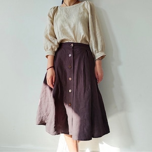 Button Front Linen Skirt with Pockets, Vintage A Line Skirt, Washed Midi Skirt