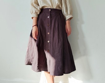 Gonna in lino con bottoni sul davanti e tasche, gonna a trapezio vintage, gonna midi lavata