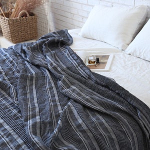 Double color Jacquard Linen Blanket，dark blue striped thick Throw Wrap, soft bedding, rustic slipcover