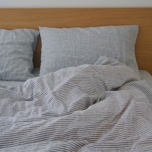 Set of 3 stone washed pure Linen,  blue striped bedding linen, bed set duvet cover + 2 pillowcases