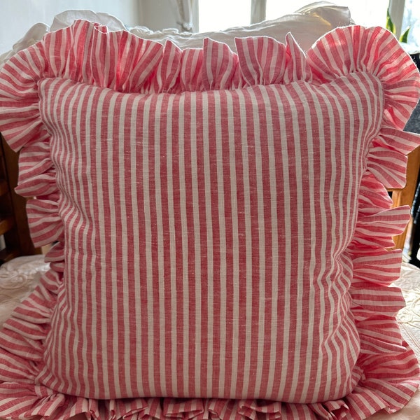 Red and White Stripe Linen Ruffled Euro Sham, Candy Striped Cushion Cover with Frill