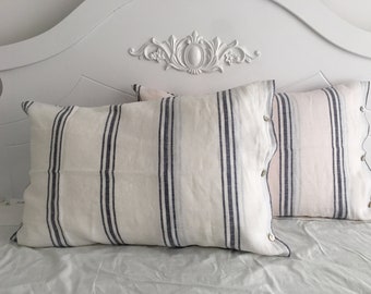 Set of 2 French chic PRE washed Linen Pillow Case blue and off white Stripes