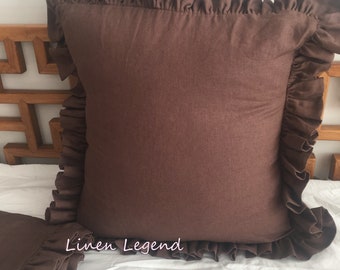 Set of 2 Shabby chic pre washed Linen Ruffled Euro Shams Brown