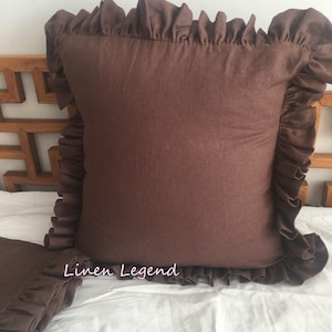 Set of 2 Shabby chic pre washed Linen Ruffled Euro Shams Brown