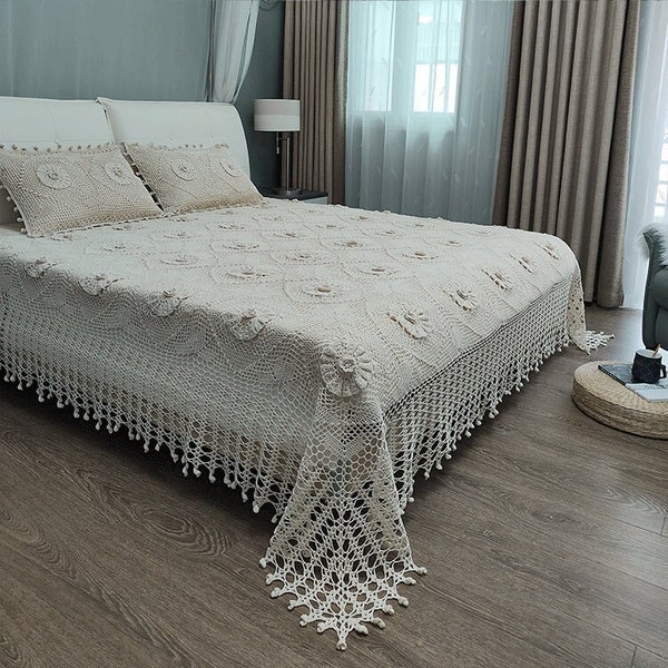 Set of 3 Hand Crochet Bedspread,  bed cover, vintage lace blanket with 2 pillowcases