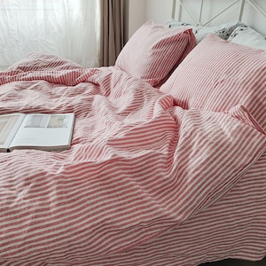 Stone washed reine Leinenbettwäsche, rot gestreifter Bettbezug + 2 Kissenbezüge