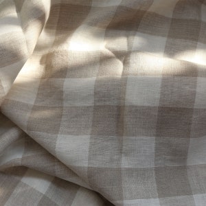 Extra wide linen fabric, 110 inch width, 100% pure flax cloth stone washed linen, medium weight beige buffalo check