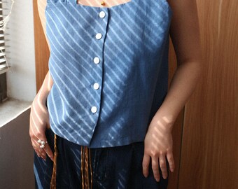 Handmade 100% Linen Sleeveless Top with Ruffles | Organic Linen Square Neck Button Front Top | Custom Size Available
