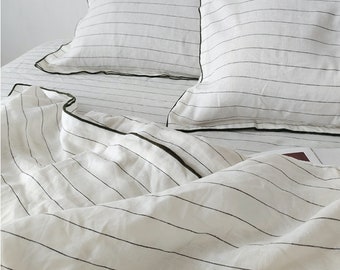 Juego de cama 100 % lino con borde bordado, funda nórdica de rayas y fundas de almohada con puntada overlock apretada.