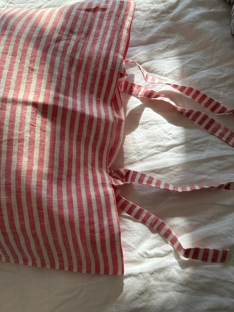 Set of 2 French chic PRE washed Linen Pillow Case Red and White Stripes ties closure