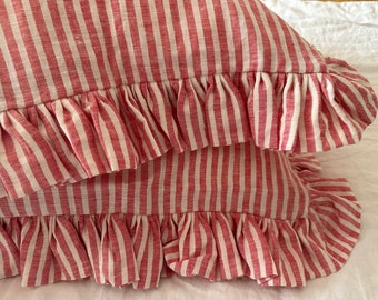 Red and White Stripe Linen Ruffled Pillowcases, Candy Striped Pillow Cover with Frill