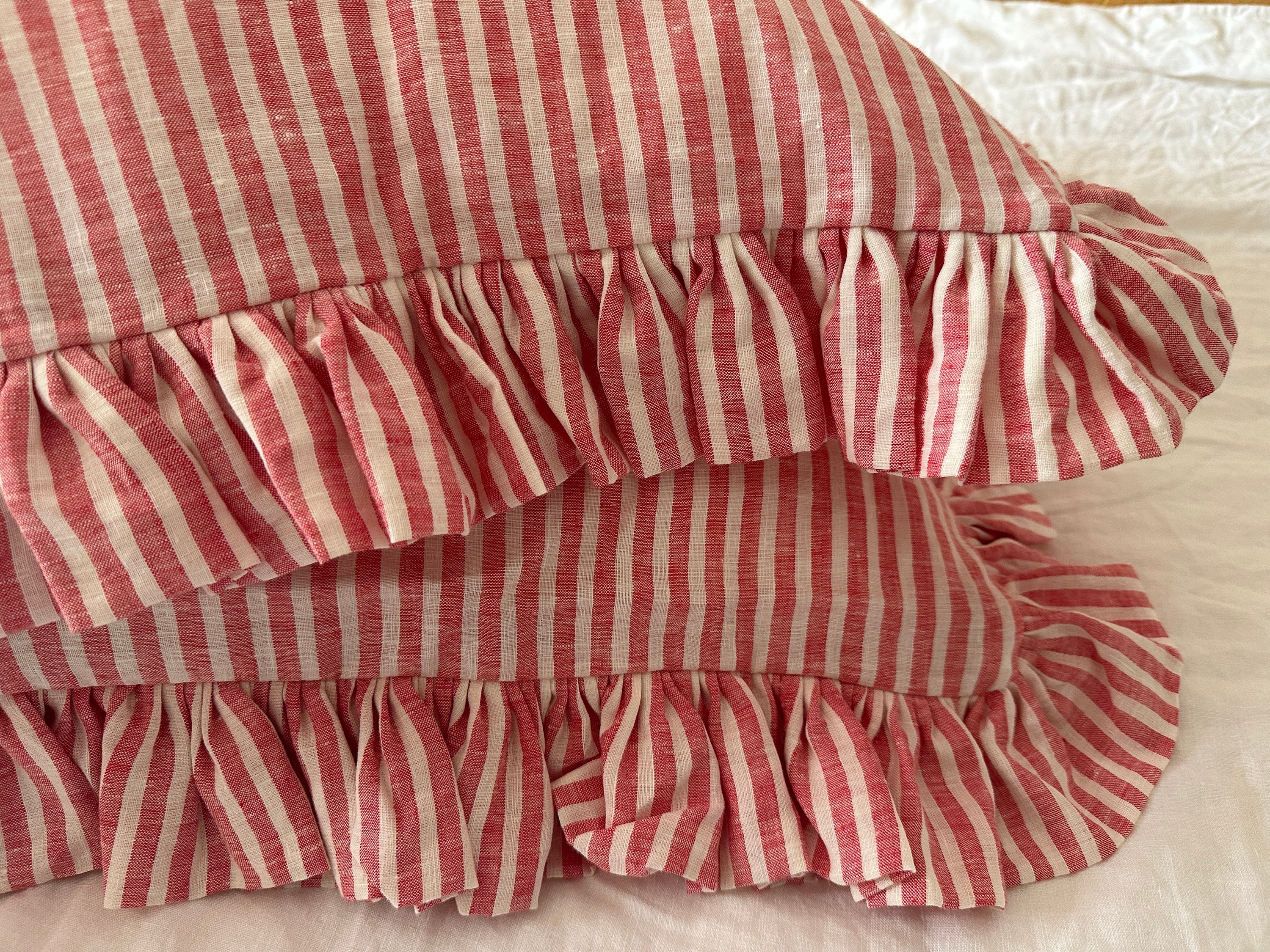 Red and White Stripe Linen Ruffled Pillowcase, Candy Striped Pillow Cover with Frill