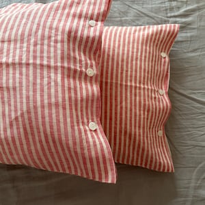 Set of 2 French chic PRE washed Linen Pillow Case Red and White Stripes sea shell