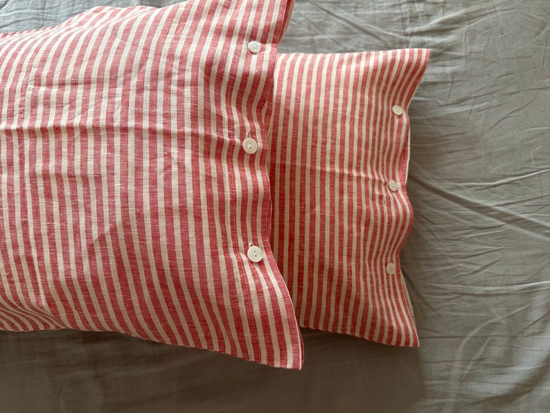 Set of 2 French chic PRE washed Linen Pillow Case Red and White Stripes sea shell