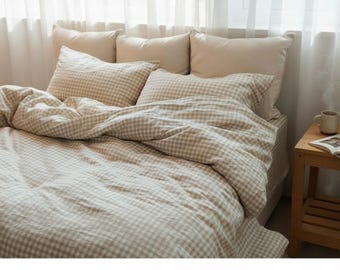 Beige Gingham Linen Duvet Cover Set, Soft Rustic Bedding, King Queen Size, Neutral Farmhouse Bedding, 3 Piece Set