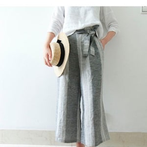 Striped Linen Wide Leg Pants,Soft linen Loose Culottes, Palazzo Pants