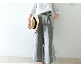 Striped Linen Culottes, Wide Leg Palazzo Pants, Soft Washed Linen