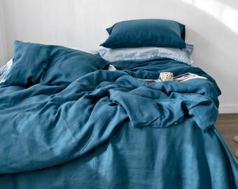 Soft Ocean Blue Linen Duvet Cover Set, 100% European Washed Linen Bedding, Teal Blue Bed Set, Breathable Natural Linen
