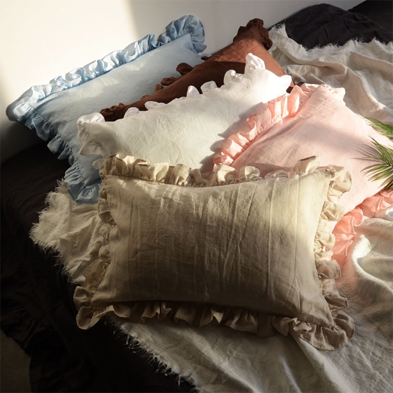 Gerüschte Kissenbezüge Aus Leinen – 2er-Set, 50x66 Cm, Naturfarben, Shabby-Chic-Stil, 100 % Baumwolle