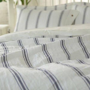 Set of 3 stone washed pure Linen, white and blue striped bedding linen, bed set duvet cover + 2 pillowcases image 1
