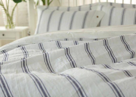 Set of 3 stone washed pure Linen, white and blue striped bedding linen, bed set duvet cover + 2 pillowcases