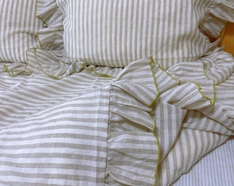 Striped Linen Duvet Cover with Ruffles, Cottagecore Bedding Set, French Country Farmhouse Bedding, Romantic Bedroom Decor