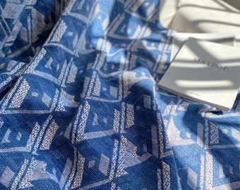 Double Layer Jacquard Linen Blanket Throw Wrap in Blue, Thick Reversible Spread