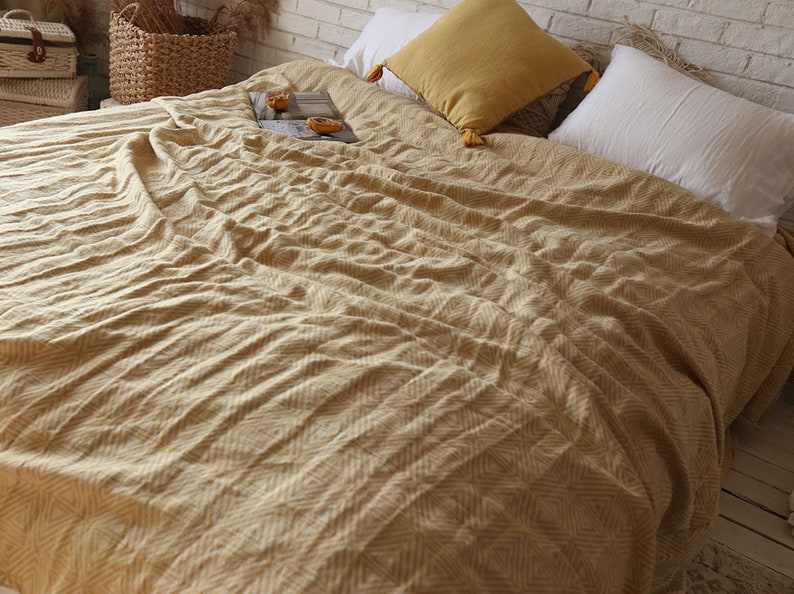 Mustard Yellow Geometric Jacquard Linen Blanketwarm Cozy Etsy