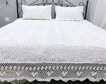 3er Set Handgehäkelte Tagesdecke, Bettüberwurf, Vintage Spitzendecke mit 2 Kissenbezügen Hellbeige