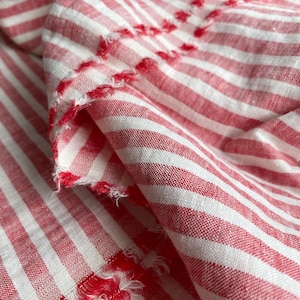 Extra wide linen fabric, 110 inch width, 100% pure flax cloth stone washed linen, medium weight red and white stripes image 1