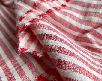 Extra wide linen fabric, 110 inch width, 100% pure flax cloth stone washed linen, medium weight red and white stripes