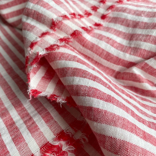 Extra wide linen fabric, 110 inch width, 100% pure flax cloth stone washed linen, medium weight red and white stripes