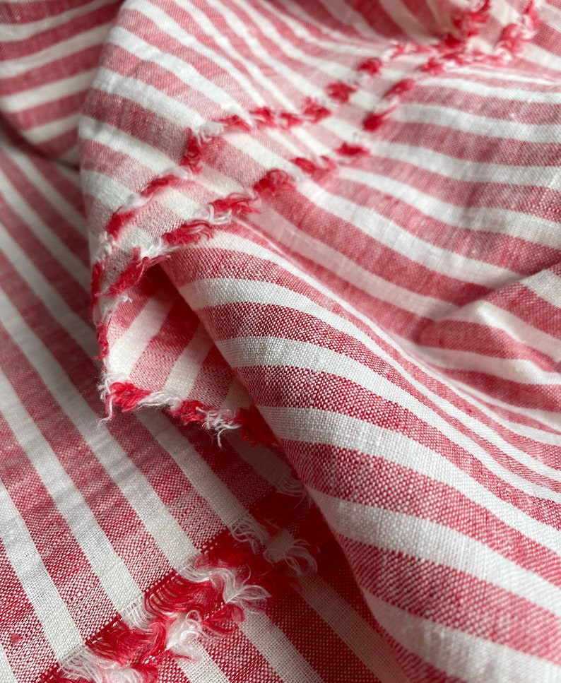 Extra wide linen fabric, 110 inch width, 100% pure flax cloth stone washed linen, medium weight red and white stripes image 1