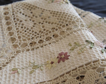 36" Handmade Crochet Tablecloth with Ribbon Embroidered Pink Floral Pattern