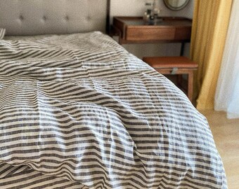 Chic Set of 4 Stone Washed Linen Bedding with Bold Charcoal Stripes