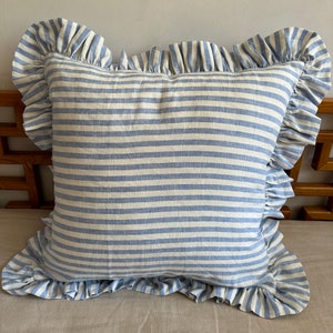 Blue and White Stripe Linen Ruffled Euro Sham, Candy Striped Cushion Cover Pilllowcase with Frill