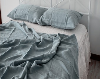 Set of 3 linen bedding, Pure Hemp flat sheet with 2 pillowcases, gray blue, dusty pink, queen king or custom size