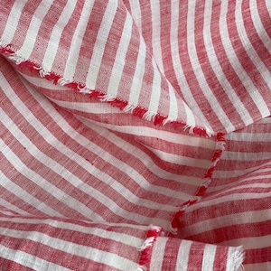 Extra wide linen fabric, 110 inch width, 100% pure flax cloth stone washed linen, medium weight red and white stripes image 4