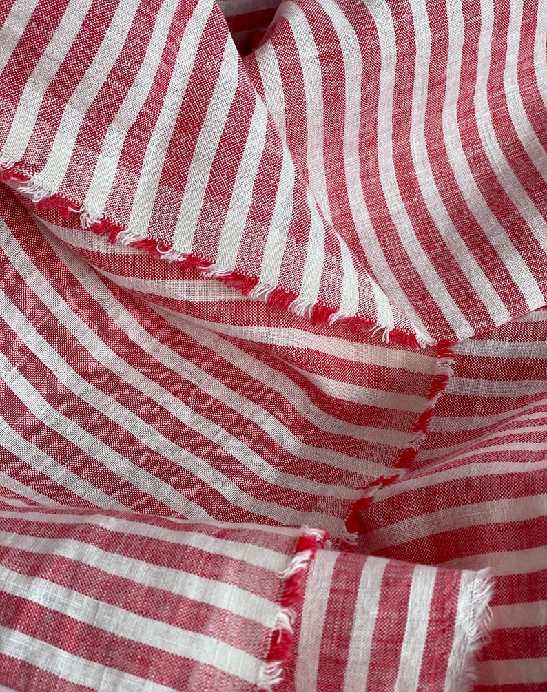 Extra wide linen fabric, 110 inch width, 100% pure flax cloth stone washed linen, medium weight red and white stripes image 4