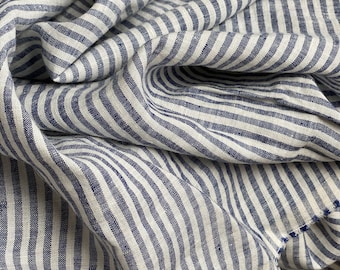 Extra wide linen fabric 110" , Crisp Elegance Blue Ticking Linen Fabric